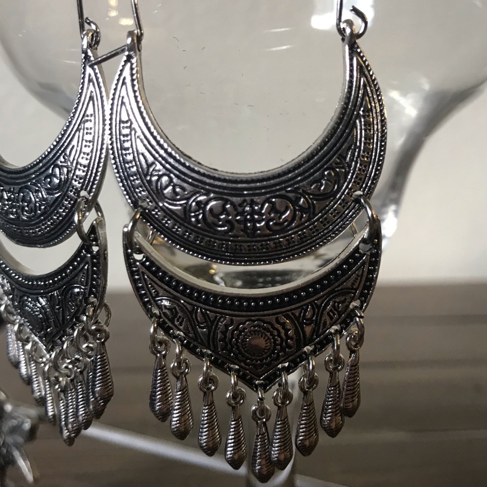 Silvertone Crescent Embossed Drop Earrings